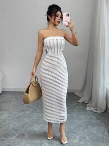 Chiquease 全新欧美风格海滩度假性感紧身简约时尚镂空半透明女士毛衣连衣裙，春夏 - 白色 - 查看 1