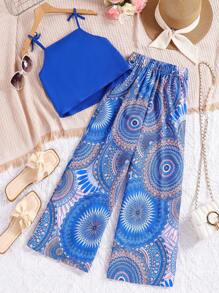 SHEIN 2pcs Tween Girl Plain Spaghetti Strap Camisole Top & Pants Set