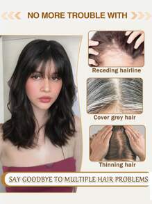 10 pulgadas Topper de cabello real liso para mujeres Piezas de cabello humano para mujeres con cabello ralo 3.5*4 pulgadas Toppers de cabello con flequillo con encaje Extensiones de cabello con clip - Natural Black - Ver 6