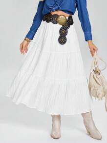 SHEIN LUNE Sun Skirt Boho Western Wear Women Women's Solid High Waist Tie-Up Textured Ruffle Trim Long Skirt