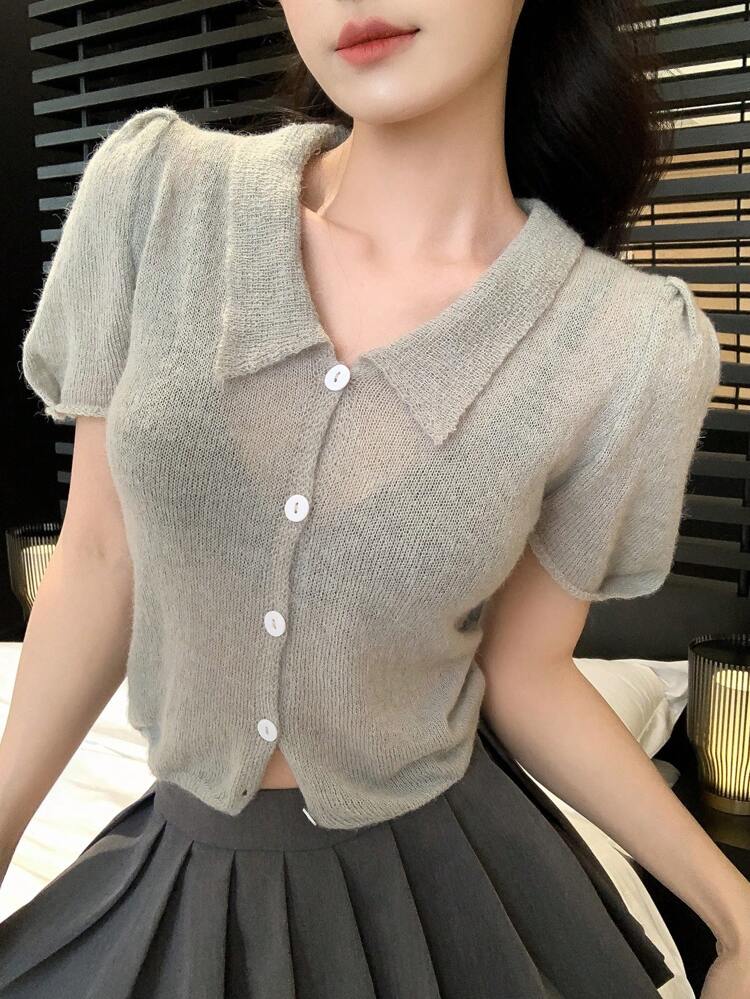 Women's Casual Polo Collar Knit Short Sleeve Top,Crop Tops Women