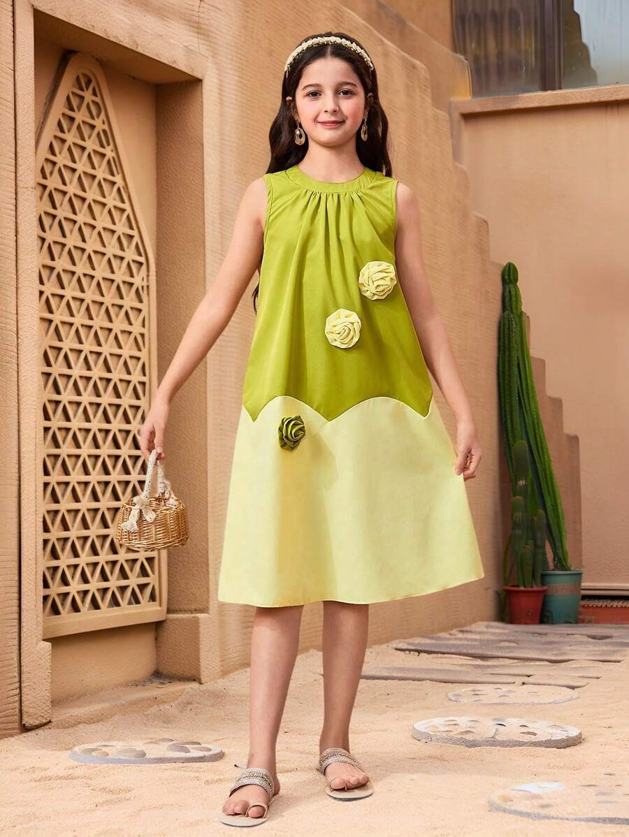 Tween Girl Green & Yellow Patchwork 3D Floral A-Line Dress