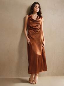 Anewsta 优雅深棕色缎面裹身裙，无袖收腰喇叭形长裙，女士夏季服装，Old Money