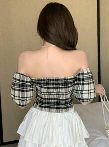 DAZY 格子蝴蝶结点缀露肩时尚女式衬衫夏季 - 杏色 - 查看 2