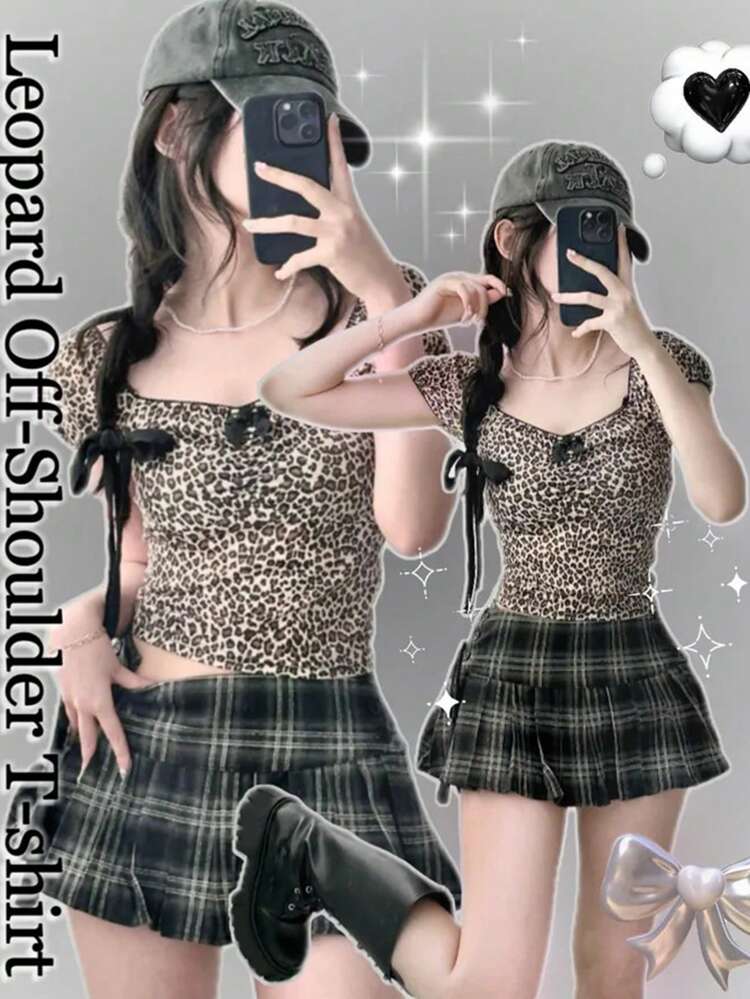 Women's Leopard Print Bow Decorated T-Shirt Cheetah Print Plaid