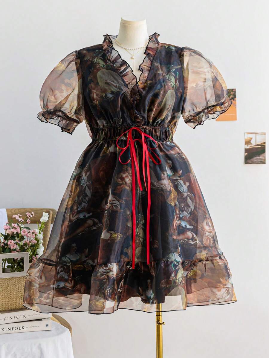 Soleia Plus Size Women's Spring Resort Classical Mural Print V-Neck Puff Sleeve Tie Bow Waisted A-Line Short Dress - Multicolor - View 1