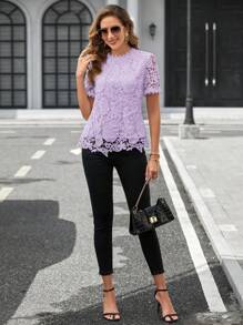 SHEIN Clasi Women's Solid Color Lace Trim Short Sleeve Casual Top, Everyday Wear