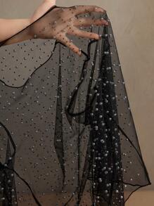 Anewsta Transparent Mesh Women's Plus Size Long Sleeved Summer Rhinestone Faux Pearl Top Spring For Women - Black - View 8
