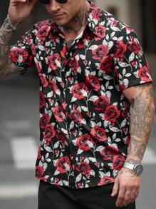 Manfinity Homme Camisa de manga corta con estampado de rosa roja sobre fondo negro para hombre