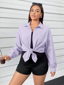 SHEIN Essnce 大码女装夏秋春季休闲日常宽松紫色长袖纽扣衬衫和黑色连体裤两件套，春季女装，机场女装，返校节，Y2k，街头服饰 - 淡紫色 - 查看 5