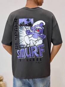 SHEIN X The Smurfs 男士休闲卡通印花圆领短袖T恤，夏季 - 深灰色 - 查看 1