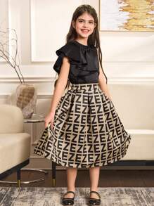 SHEIN Leap Crew Tween Girls Casual Elegant Asymmetric Ruffle Collar Top & Graphic Print Pleated Mini Skirt 2 Pieces Set - Black - View 1