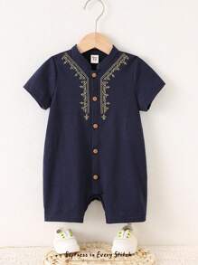 Cozy Pixies Baby Jungen Muster bestickte Stehkragen Kurzarm Romper Shorts, lässig & vielseitig, geeignet für Sommerwetter, drinnen und Outdoor