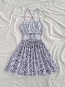 Soleia 碎花交叉系带露背吊带夏季可爱迷你连衣裙，适合春季 - 粉色 - 查看 2