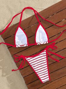 Swim Mod Women Striped Tie-Back Halter Bikini Top And Bottom Bikini Swimwear Set - Micro Triangle, For Summer Beach Vacation - Red and White - View 2