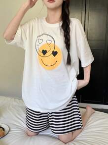 DAZY 2件套女士笑脸条纹宽松短裤和短袖睡衣套装睡衣 - 白色 - 查看 4