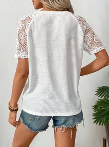 SHEIN LUNE Women's Summer Casual V-Neck Textured Patchwork T-Shirt