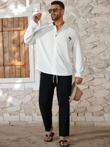 ResortEase Plus Size Men's Front Button Long Sleeve Minimalist Top And Long Pants 2 Pieces Set - Black and White - View 4