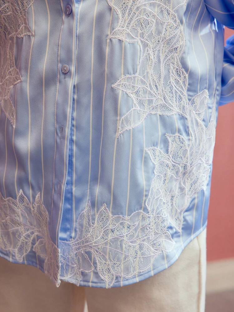 CONTRAST LACE STRIPED SHIRT,SPRING/SUMMER