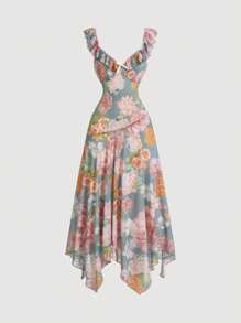 SHEIN MOD Váy in hoa cổ điển có cổ nhún bèo, eo thắt và viền bất đối xứng - Nhiều màu - Xem 1