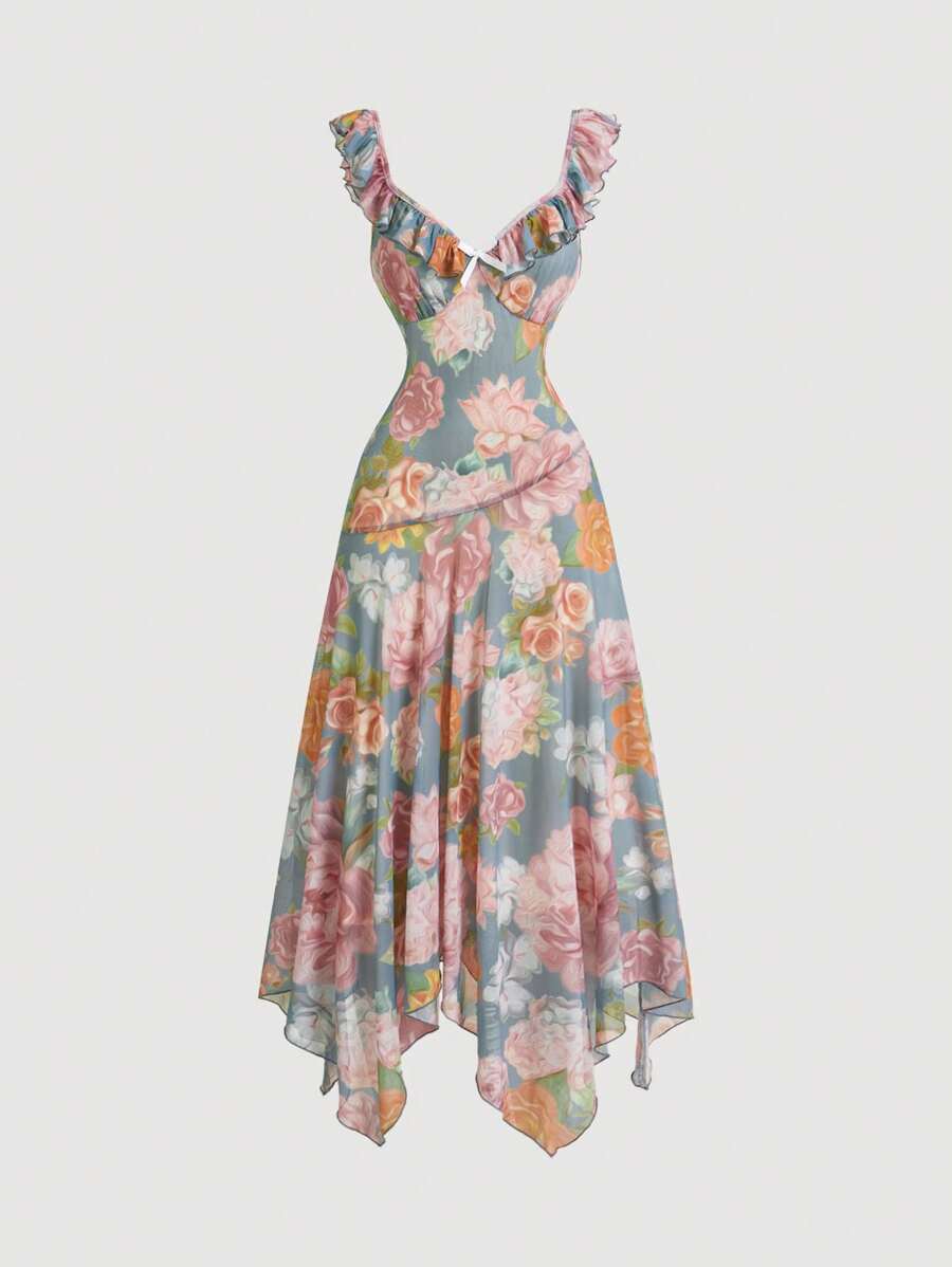 SHEIN MOD Váy in hoa cổ điển có cổ nhún bèo, eo thắt và viền bất đối xứng - Nhiều màu - Xem 1