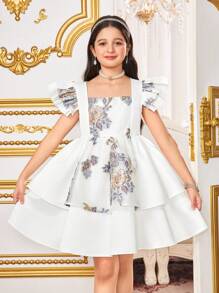 SHEIN Vestido de fiesta para niña preadolescente con jacquard floral, malla, diseño de peplum y volantes en capas, hilos metálicos, elegante, informal para vacaciones, fiesta blanca, vestido de princesa, para fiesta de cumpleaños, festival, Día de San Valentín