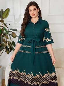 Lacomfia 大码优雅烂花衬衫领中长连衣裙