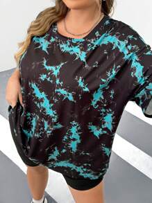 SHEIN CURVE+ Camiseta de manga corta con hombros caídos y teñido anudado de talla grande (teñido anudado aleatorio)