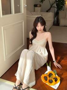 DAZY 女士纯色休闲吊带背心和蕾丝拼布两件套 - 米色 - 查看 11