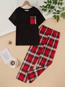 青少年女童牛奶丝针织黑色短袖口袋上衣和格子裤两件套家居服套装，圣诞节礼物 - 黑色 - 查看 1