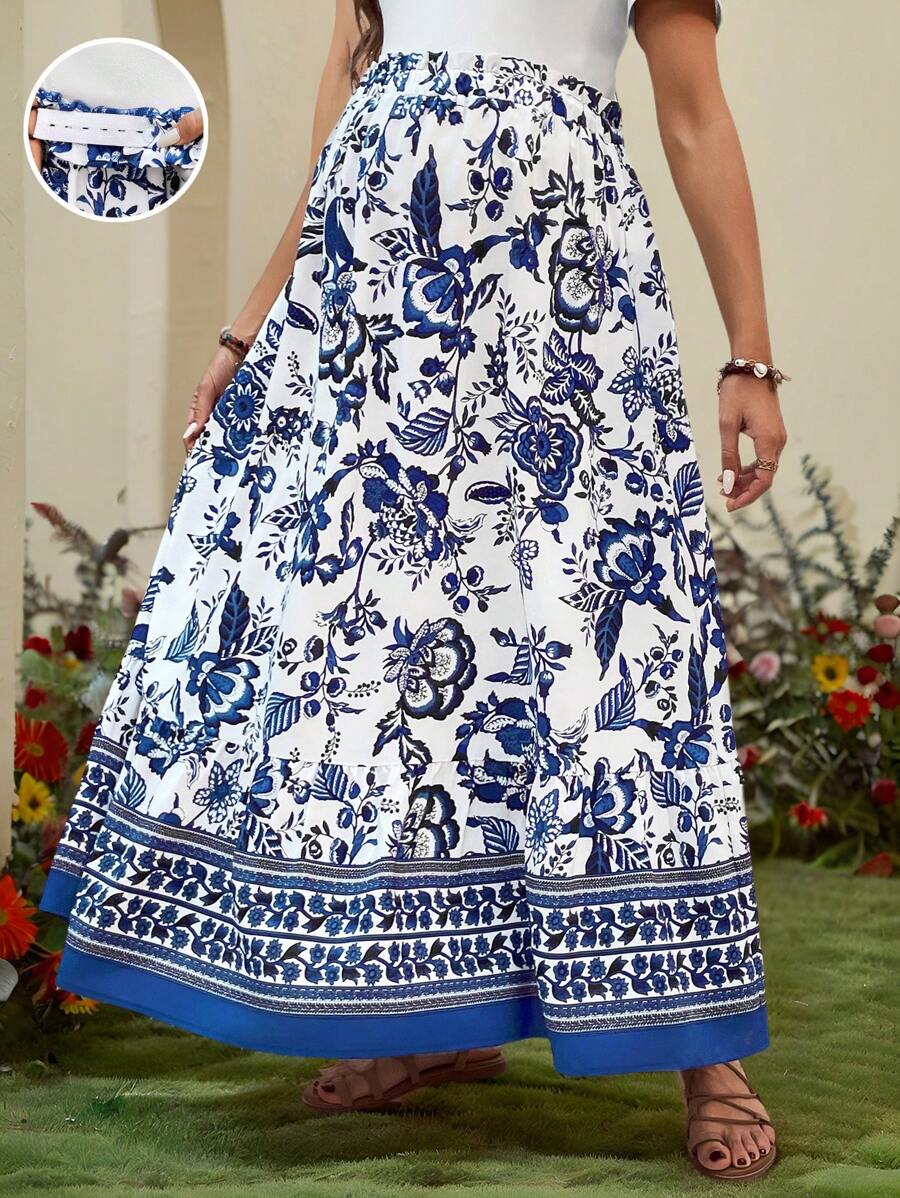 SHEIN Maternity Floral Print Adjustable Waist Long Skirt, Suitable For Vacation - Blue and White - View 1