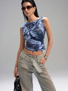LYSMO Women's Blue Gray Printed Tank Top--Spring/Summer--2025New Arrival