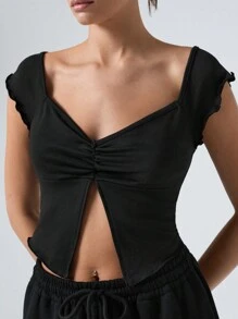 SHEIN EZwear Casual Solid Color Ruched Cut-Out Cropped T-Shirt - Black - View 6