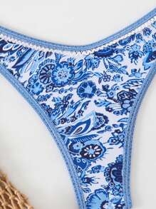 SHEIN Swim Springbreak 女士夏季随机花卉印花细肩带上衣和高腰比基尼下装度假泳装套装 - 彩色 - 查看 5