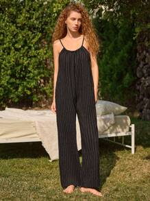 Ocili Leisure Women's Comfy Natural Linen Striped Sleeveless Loose Long Palazzo Pajama Jumpsuit - Black - View 2