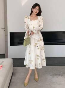 DAZY 女士碎花泡泡袖中长连衣裙，秋季长袖连衣裙，复活节长款连衣裙 - 綠色 - 查看 7