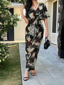 DAZY Women's Floral V-Neck Ruffled Tied Jumpsuit Vacation Outfits Women Easter Boho Jumpsuit For Women - Black - View 8