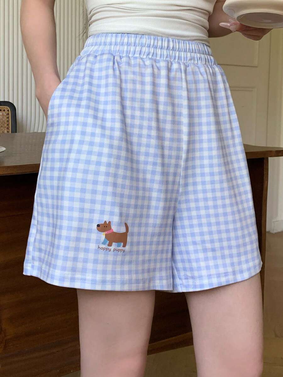 DAZY Cartoon Print Plaid Loose Short Pajama Bottom - Blue - View 1