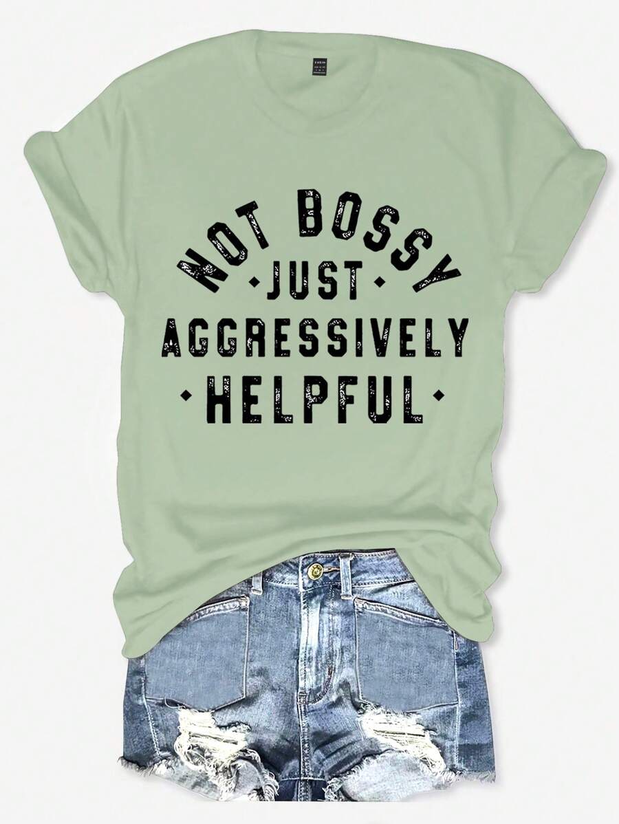 INAWLY Women's Printed Short Sleeve T-Shirt With Slogan NOT BOSSY JUST AGGRESSIVELY HELPFUL Graphic Tees Women Tops - Mint Green - View 1