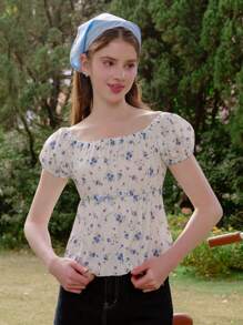 Wildeya Elegant Ditsy Floral Crew Neck Fitted Short Sleeve T-Shirt For Teen Girls, Casual All-Match Versatile, Suitable For And School, Suitable For Spring And Summer, Girls Exquisite Clothing, Princess Style, And Cute, No Traditional Patterns, Mainly Floral/Partial Decoration