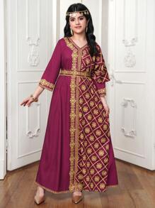 V-Neck Retro Print Dress & Scarf Set For Teen Girls - Purple - View 6