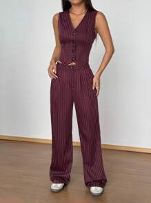 Flirla Bộ vest và quần sọc không tay cổ chữ V, bộ đồ đơn giản, phong cách giản dị, thường ngày - Màu Đỏ Sâu - Xem 6