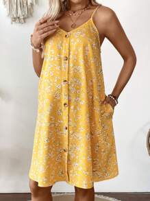 SHEIN Váy ngắn in họa tiết hoa đơn giản cho bà bầu có dây đeo mảnh cài nút phía trước - Màu vàng - Xem 3