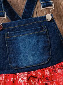 SHEIN Young Girls 2pcs Sets, Spring And Summer Wildeya New Retro Styles: Fashionable Casual Washed Blue Patchwork Red Retro Print Suspender Skirt With Apricot Camisole, Cute And Suitable For Outdoor Activities, Everyday Wear, And Ranch Life, School, Campus, College