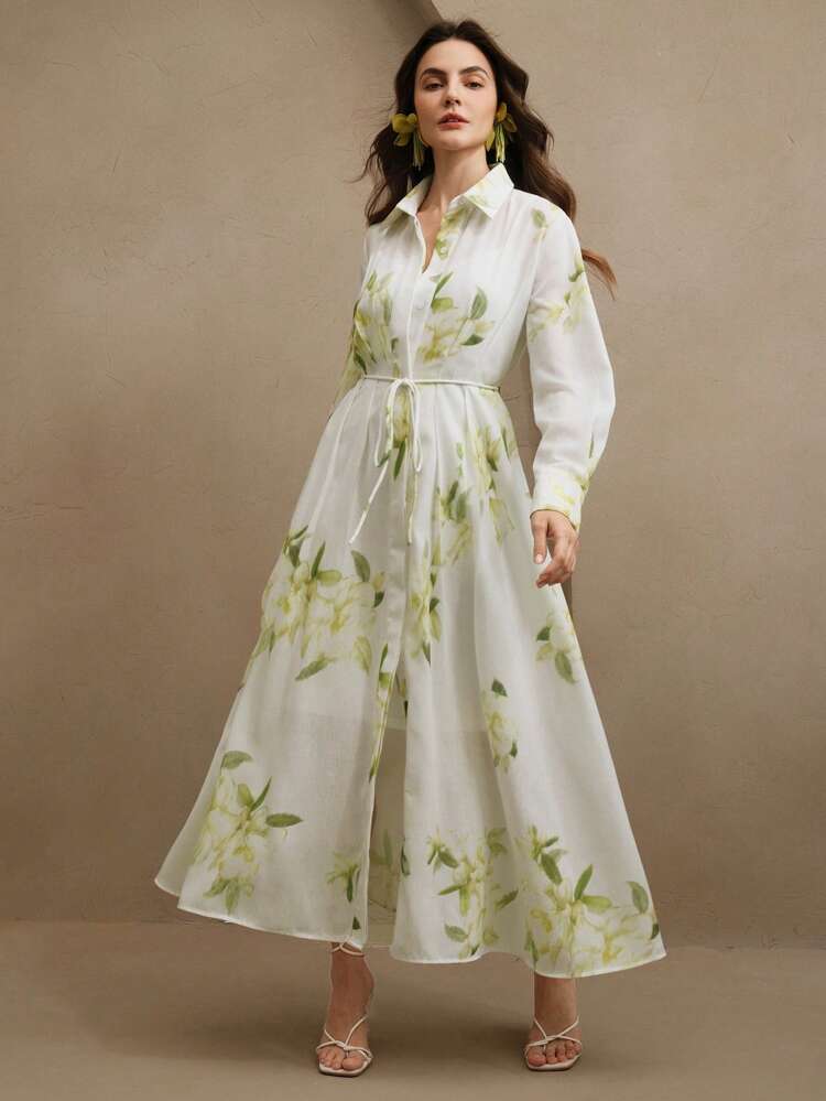 Vacation Print Collared Tie Closure Shirt Dress + Camisole Detachable 2-In-1 Dress For Women