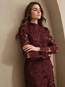 Anewsta 女士白色长袖蕾丝镂空连衣裙 - 酒紅色 - 查看 3