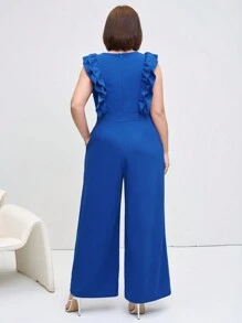 SHEIN Clasi ارتداء سليم مخملي أنيق بدون أكمام وذيل مكشكش للمقاسات الكبيرة - الأزرق - مشاهدة 2