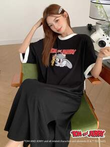 TOM AND JERRY X DAZY Cute Oversize Cartoon Print Contrast Color Design Loose Nightgown Pajama, Moo Moo - Black - View 3
