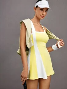Activina Ladies' Solid Color Patchwork Wide Strap Casual Simple Short Sport Dressathletic Dress - Yellow - View 6