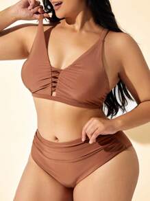 SHEIN Swim Curve Plus Size Women Twist Front Swimming Costume Summer Beach Vacation Bikini Set - Brown - View 3